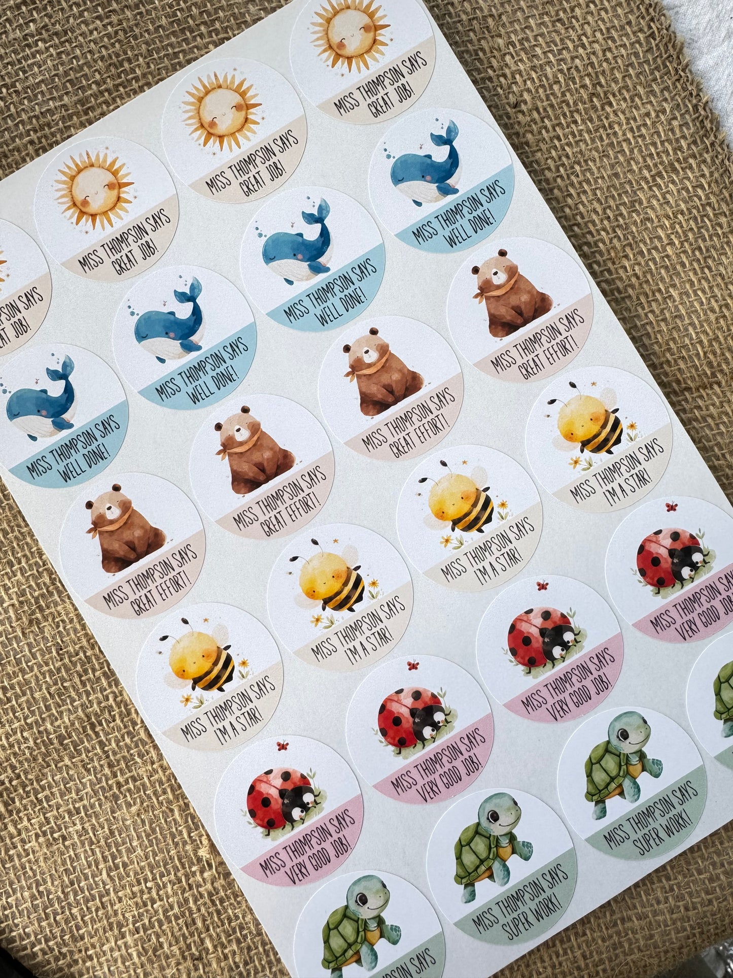 Personalised Teacher Stickers for Kids – 24 Fun Character Stickers with Motivational Quotes