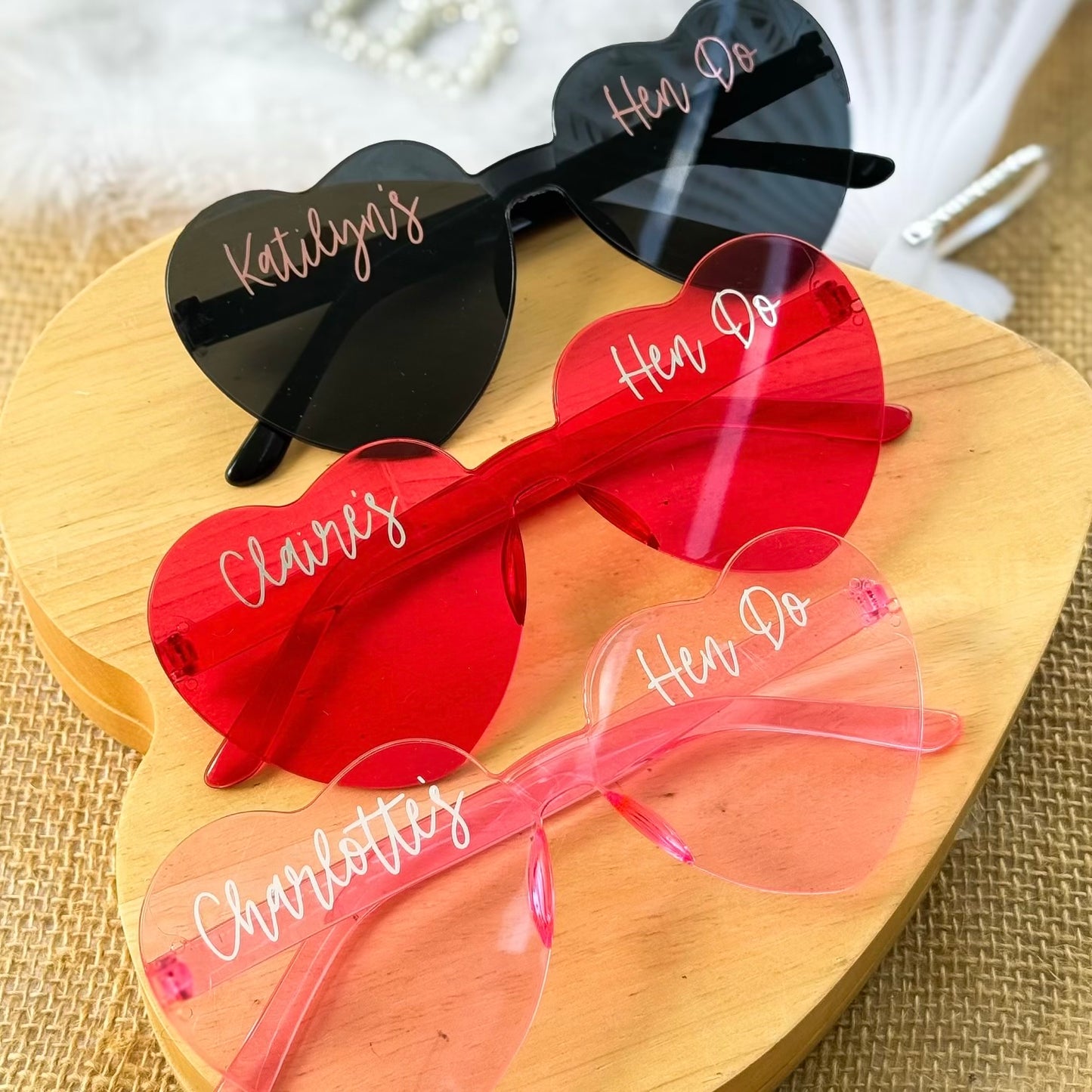 Personalised Heart Shaped Hen Do Glasses – Frameless Bridal Party Sunglasses