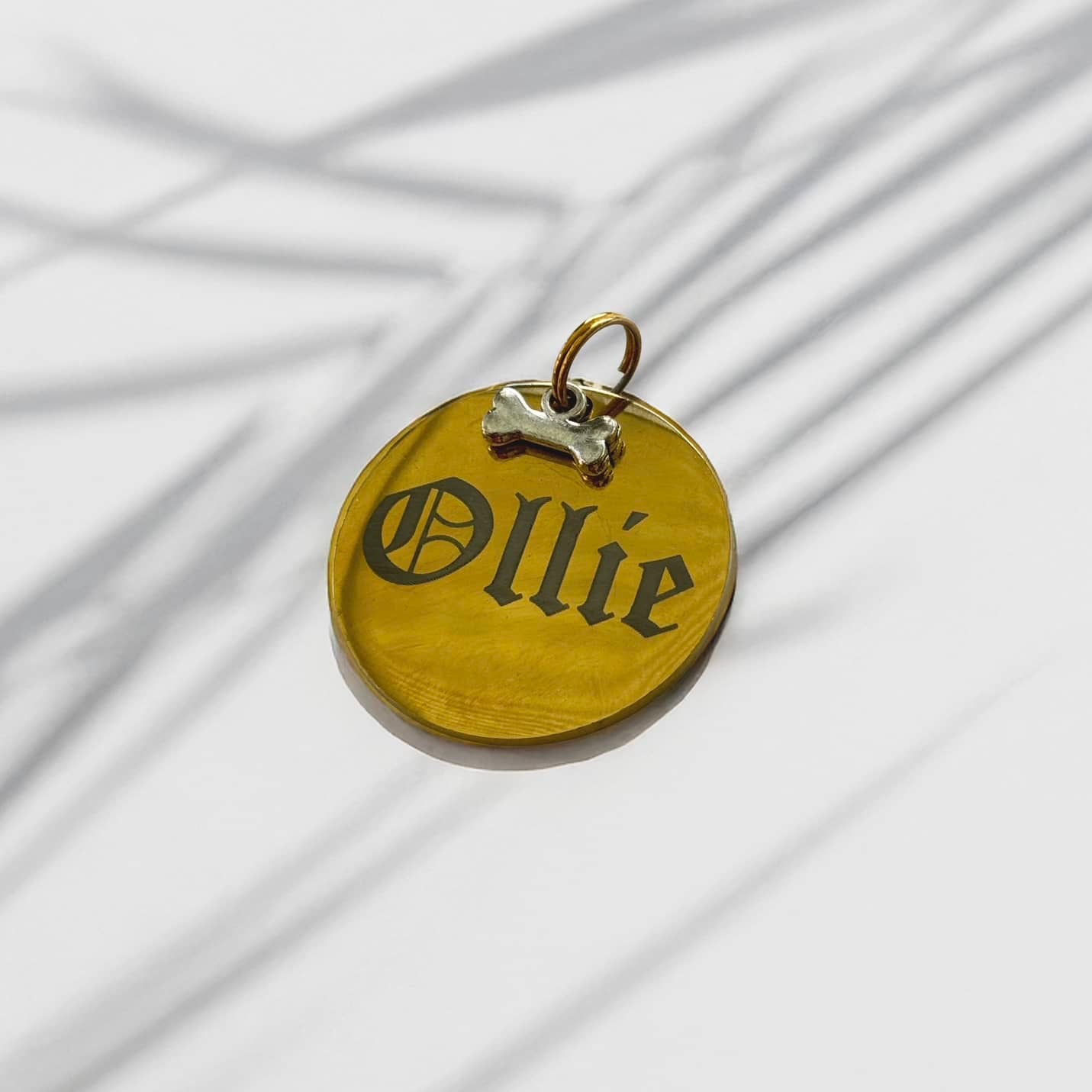 Gold Dog ID Tag – Personalised Pet Name Tag with Bone Accent with Silver Bone Accent