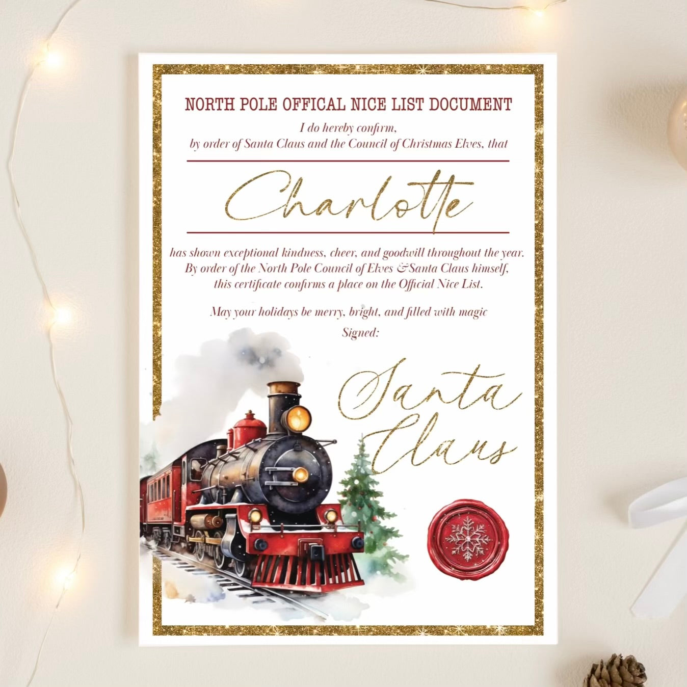 Personalised Nice List Certificate – Santa’s Official Christmas Certificate in Blue, Pink & Gold