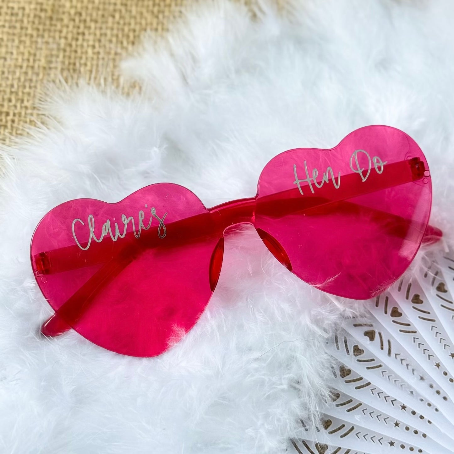 Personalised Heart Shaped Hen Do Glasses – Frameless Bridal Party Sunglasses