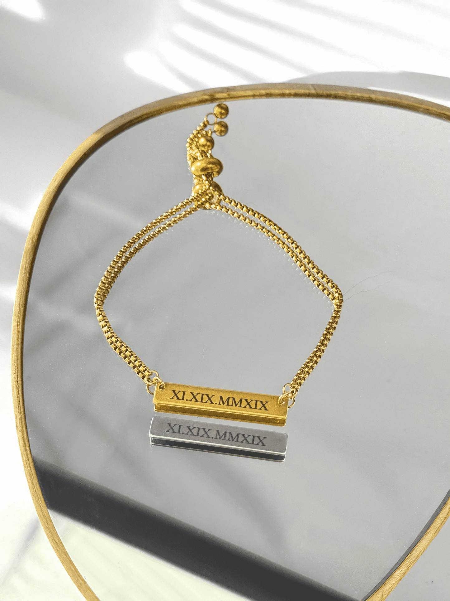 Personalised Roman Numeral Engraved Bracelet – Adjustable Stainless Steel in Gold or Silver