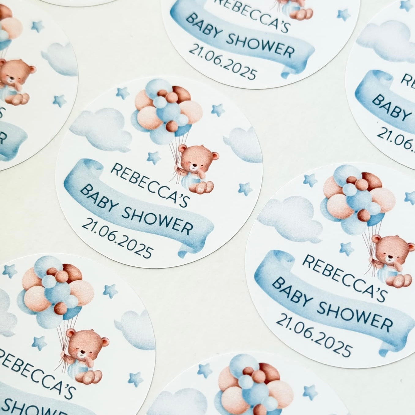 Personalised Baby Shower Stickers - Name & Date Custom - Pink or Blue