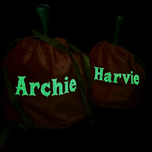 Two glowing green names 'Archie' and 'Harvie' on Pumpkin treat bags in a dark setting.