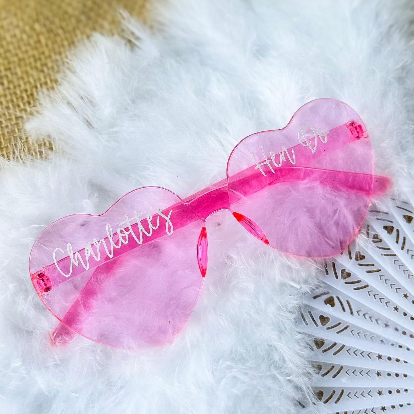 Personalised Heart Shaped Hen Do Glasses – Frameless Bridal Party Sunglasses