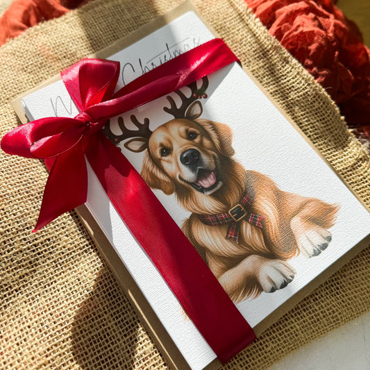 Pack of 5 Christmas Cards with Golden Retrievers - Fun Facts & Kraft Envelopes Included