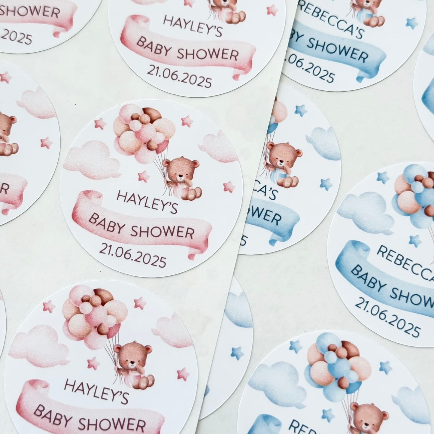 Personalised Baby Shower Stickers - Name & Date Custom - Pink or Blue