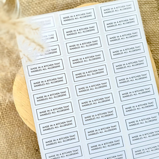 Food safety stickers reading ‘Made in a kitchen that handles allergens’ for packaging
