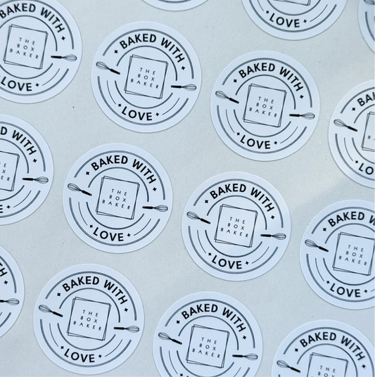 Round Baked with Love Stickers for Bakers with Logo in the middle