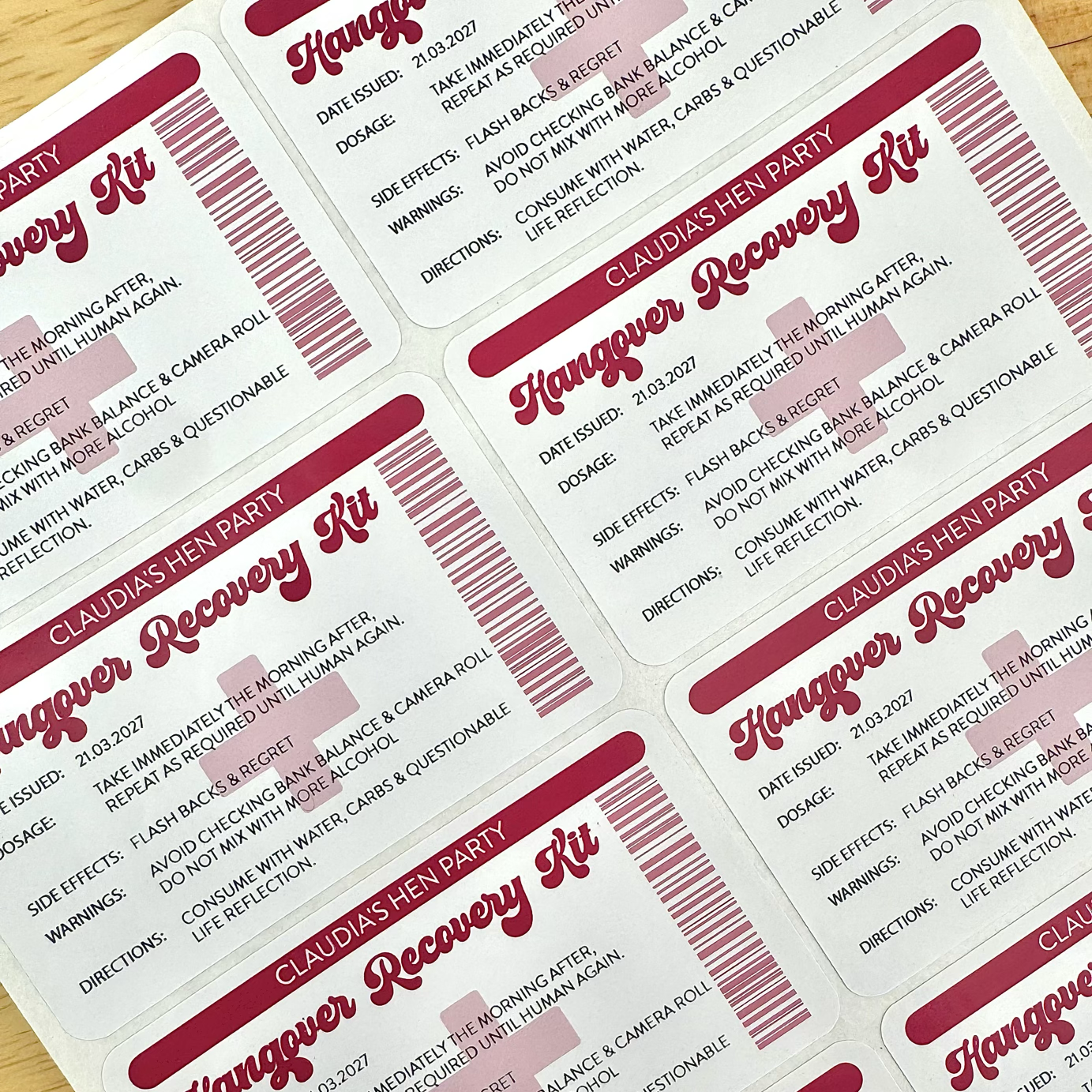Close up of custom hen do hangover recovery kit sticker label personalised with bride's name and date