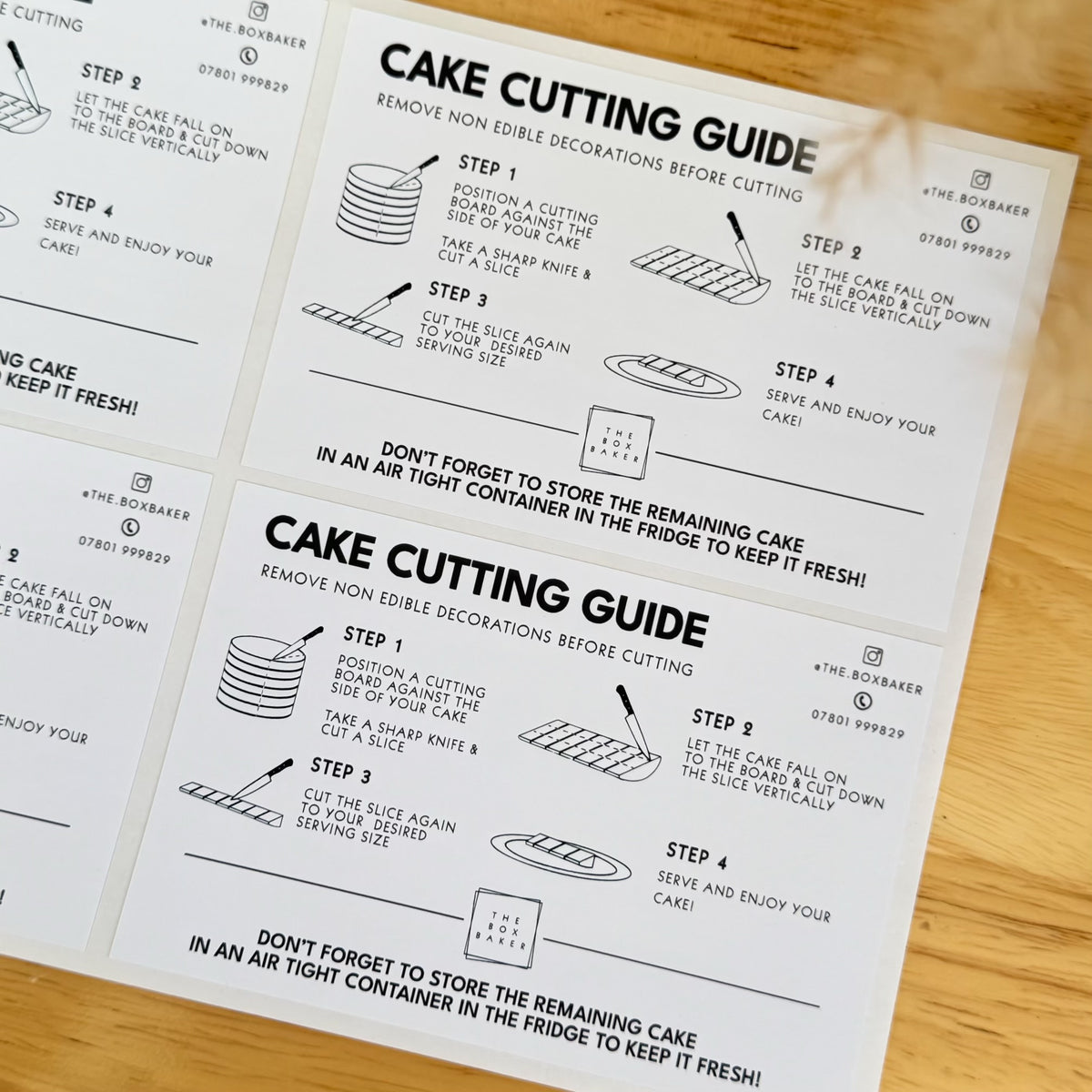 Cake cutting guide stickers for bakerieson a wooden surface