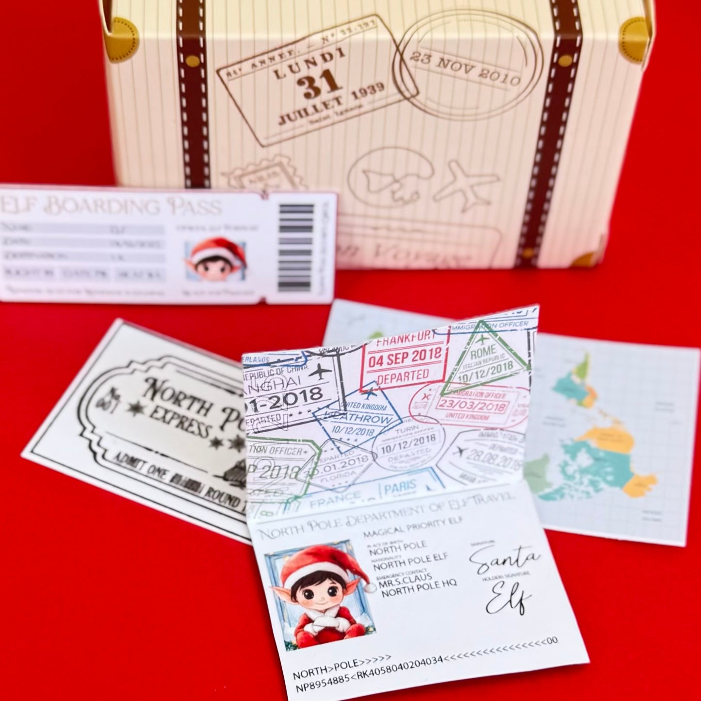 Mini Elf Travel Set – Suitcase with Map, Train Ticket, Boarding Pass & Passport