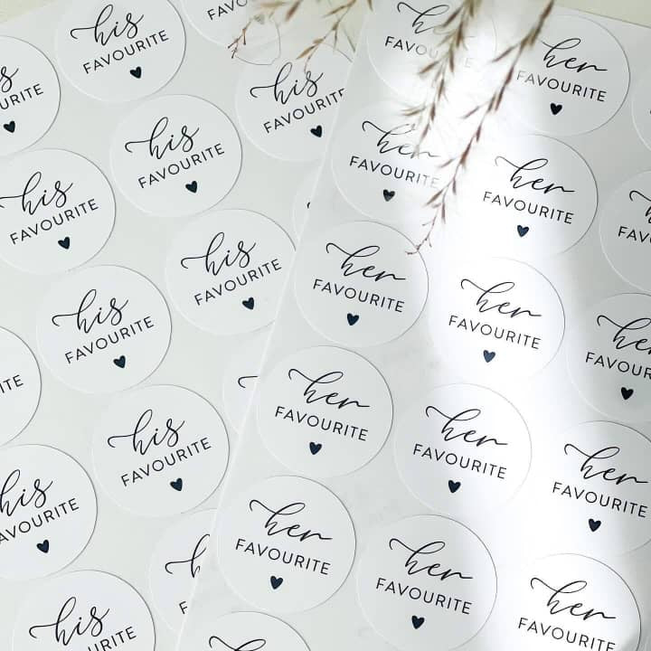 His and Her Favourite wedding sweet stickers for engagement party or wedding favours