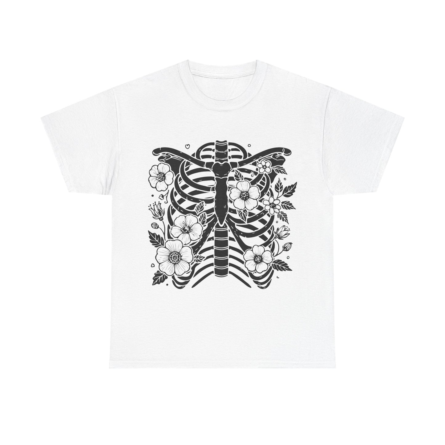 Floral Ribcage Skeleton Tee — Gothic Botanical Graphic T-Shirt