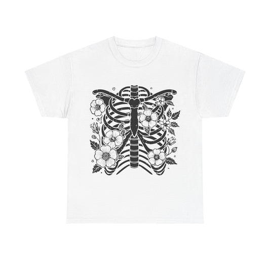 Floral Ribcage Skeleton Tee — Gothic Botanical Graphic T-Shirt