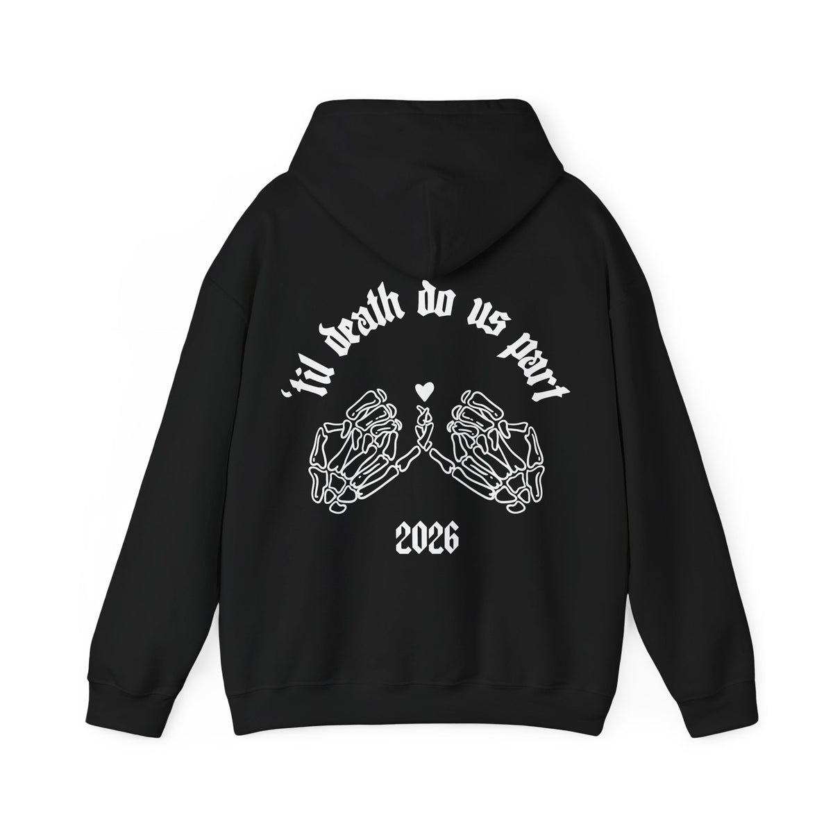 Black hoodie with white graphic design on the back on a white background