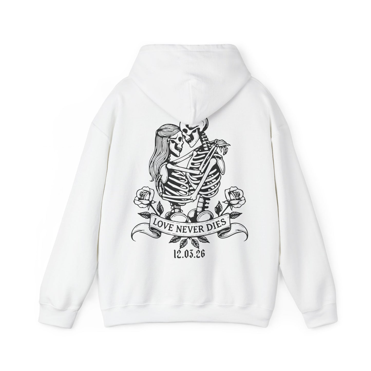 Bride Hoodie — 'Love Never Dies' Skeleton Couple Wedding Pullover