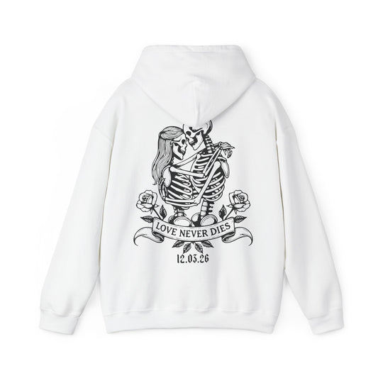 Bride Hoodie — 'Love Never Dies' Skeleton Couple Wedding Pullover