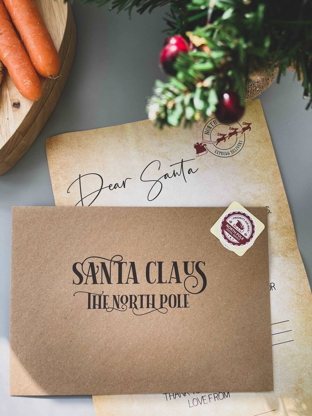Dear Santa letter and kraft envelope addressed to Santa Claus, The North Pole