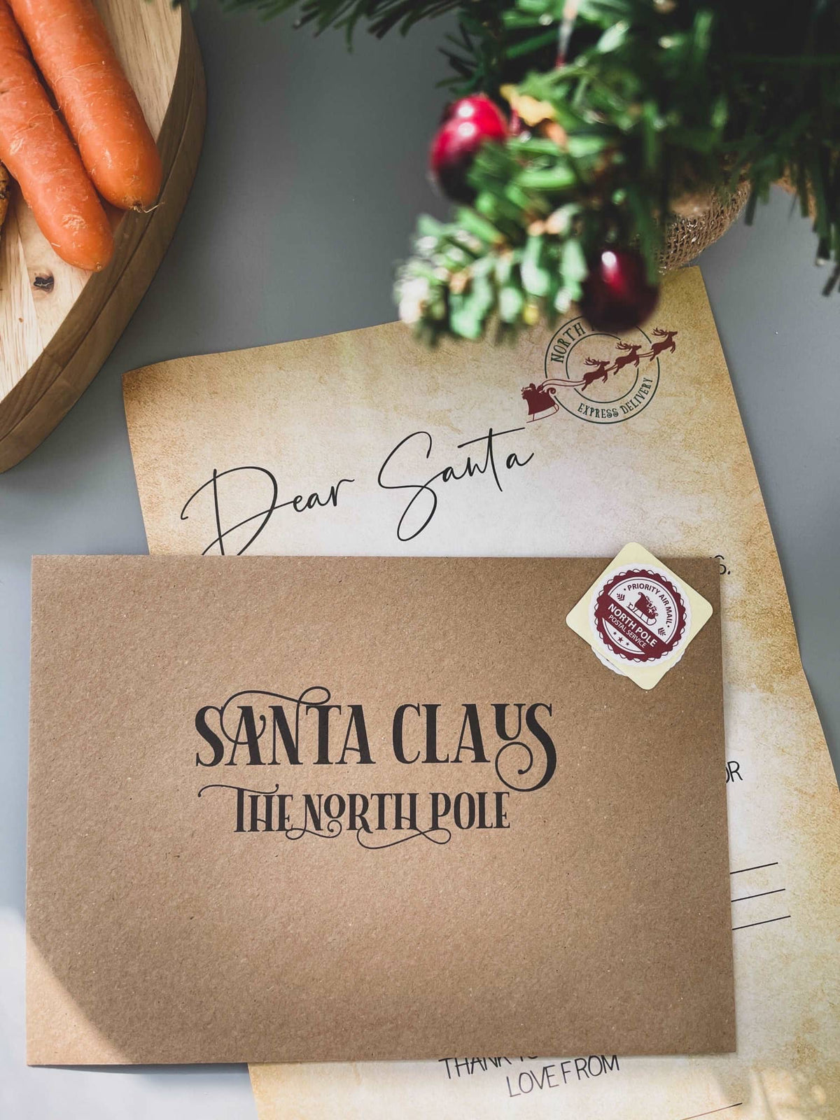 Dear Santa letter and kraft envelope addressed to Santa Claus, The North Pole