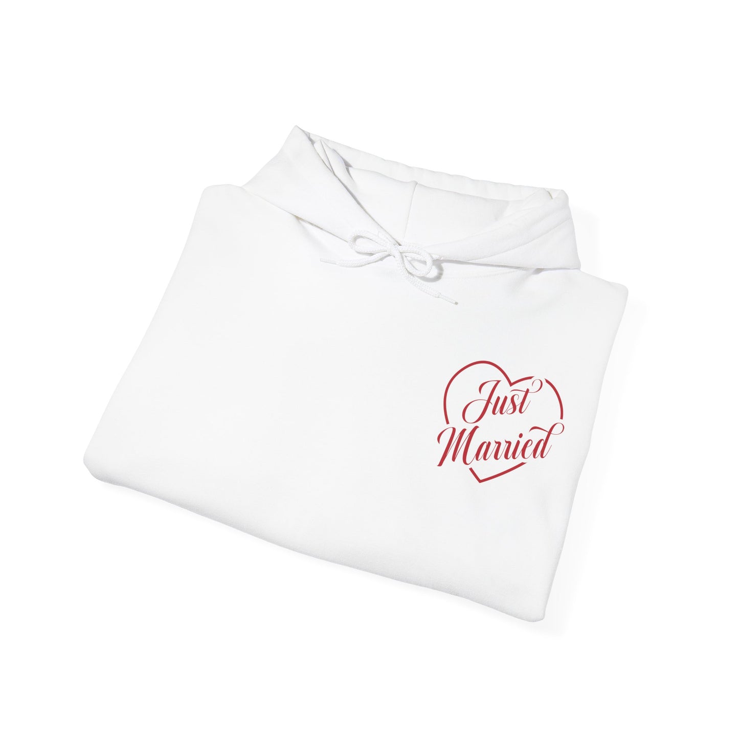 Just Married Hoodie — Romantic Bridal Sweatshirt with Heart Script