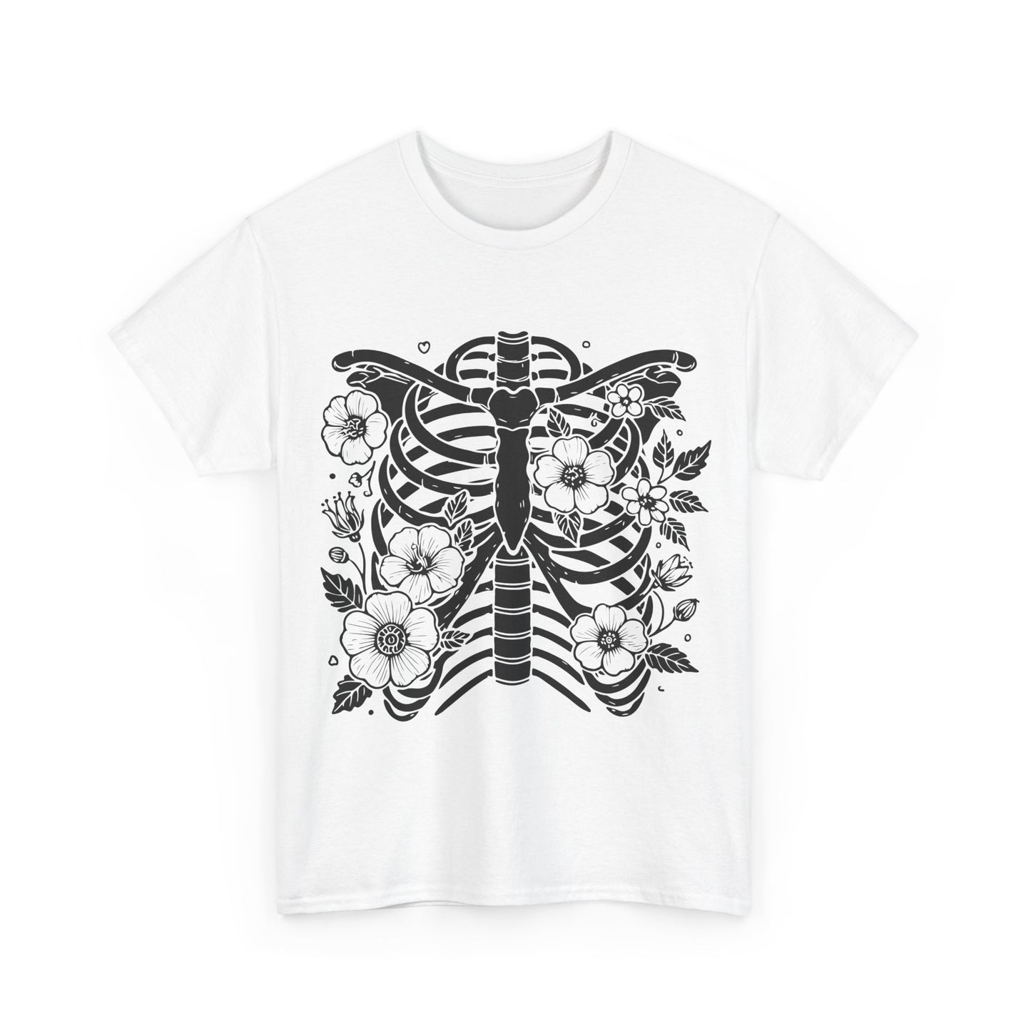 Floral Ribcage Skeleton Tee — Gothic Botanical Graphic T-Shirt