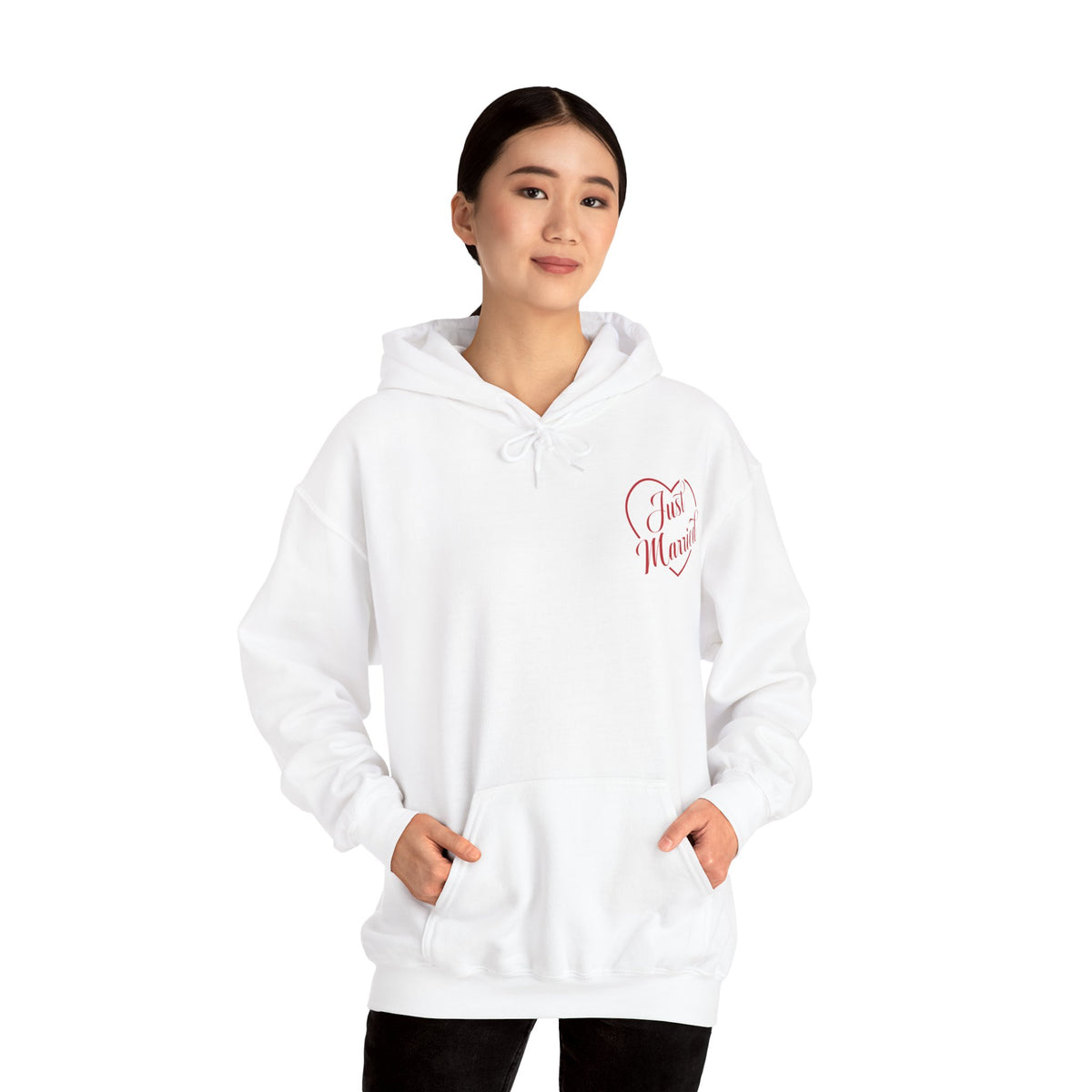 Just Married Hoodie — Romantic Bridal Sweatshirt with Heart Script
