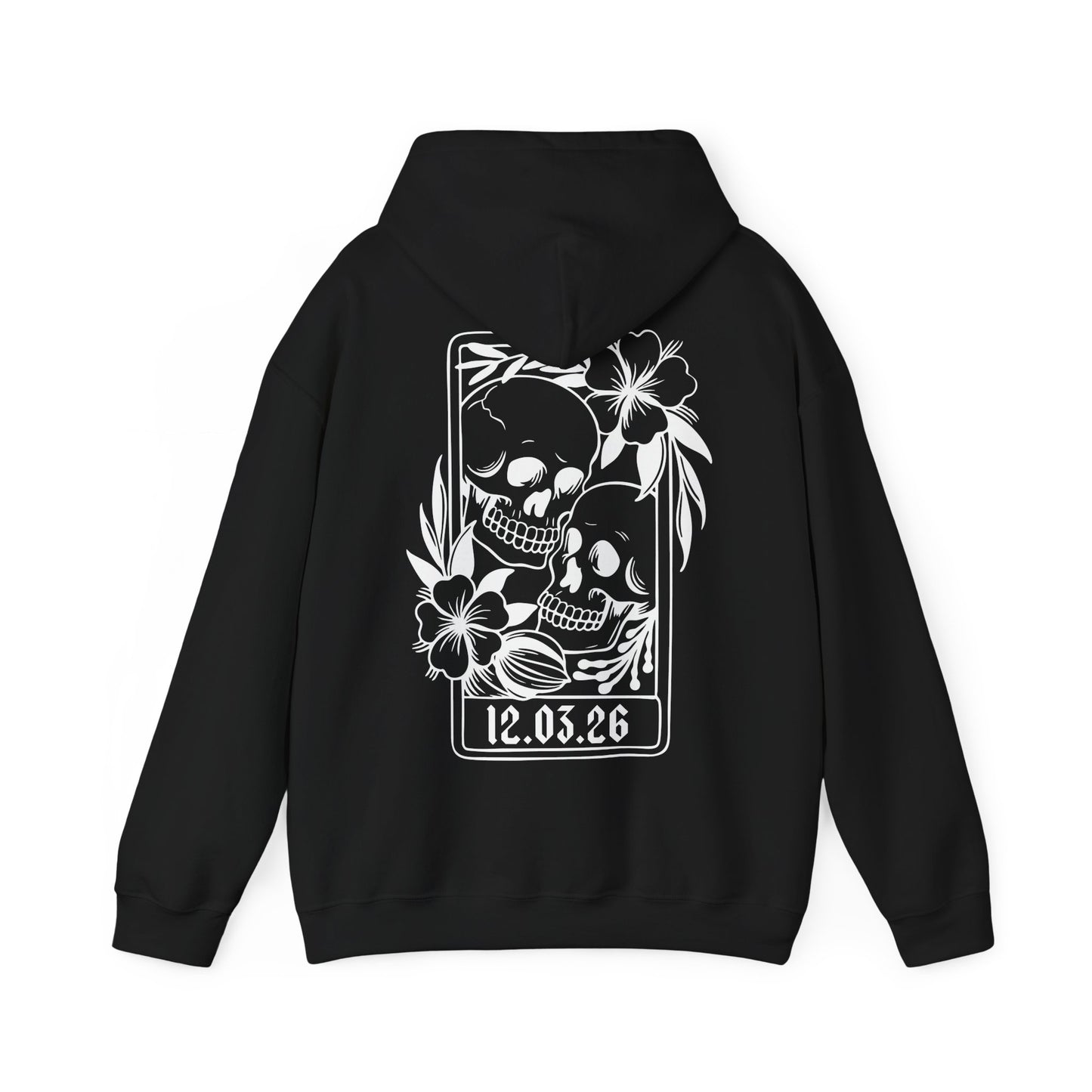 Groom Skull Tarot Hoodie — Gothic Floral Skull Pullover with Custom Date