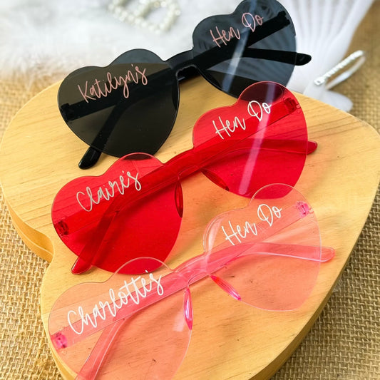 Personalised Heart Shaped Hen Do Glasses – Frameless Bridal Party Sunglasses