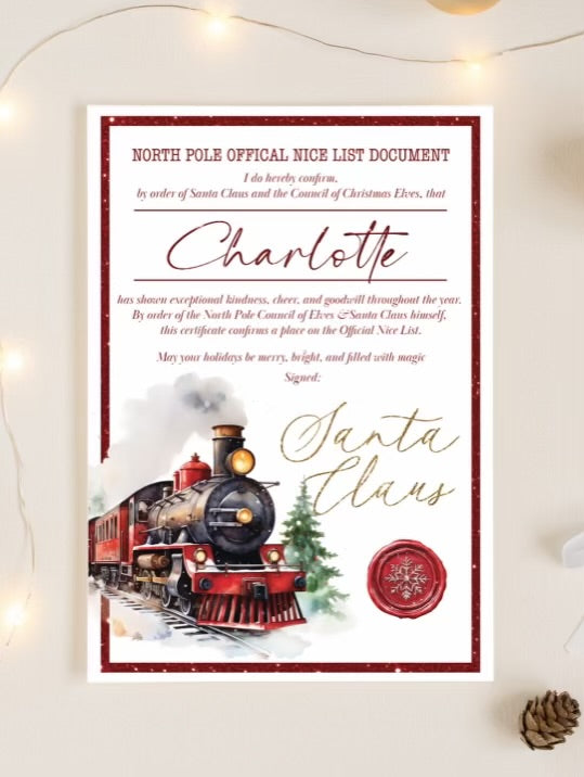 Personalised Nice List Certificate – Santa’s Official Christmas Certificate in Blue, Pink & Gold