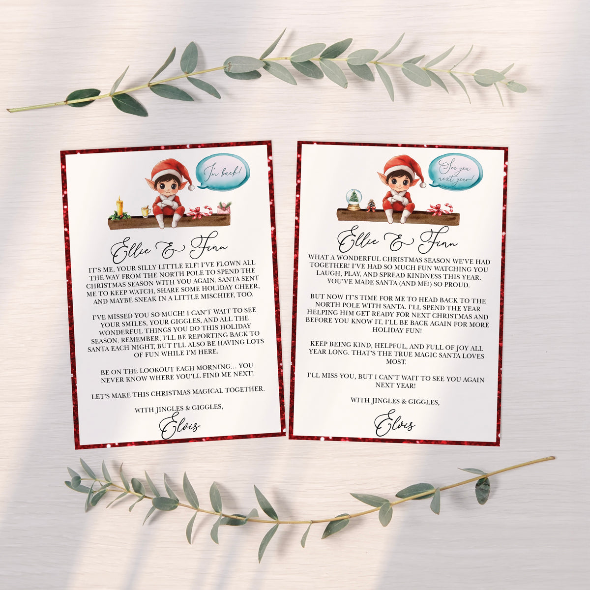 Two Christmas-themed letters with elves on a white background with greenery.