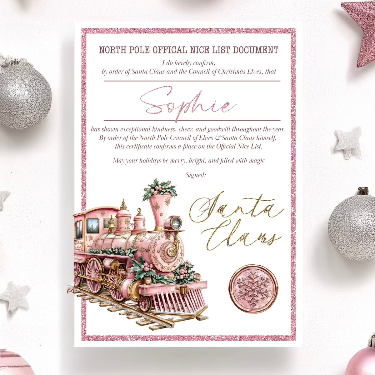 Pink train-themed certificate with decorative elements on a white background