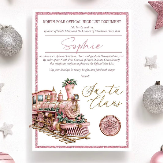 Personalised Nice List Certificate – Santa’s Official Christmas Certificate in Blue, Pink & Gold