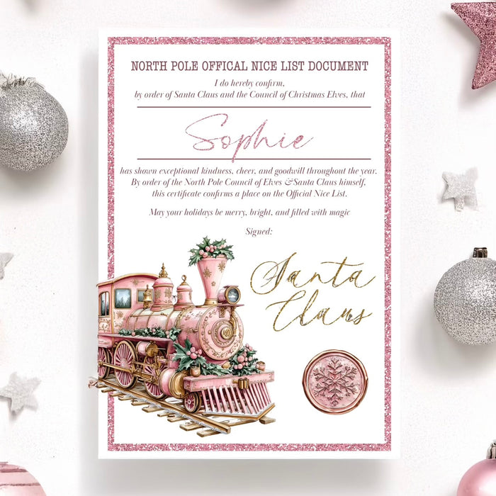 Personalised Nice List Certificate – Santa’s Official Christmas Certificate in Blue, Pink & Gold