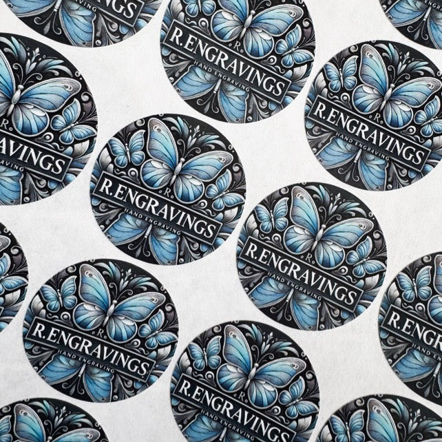 Personalised circle logo stickers on sheet with glossy professional finish