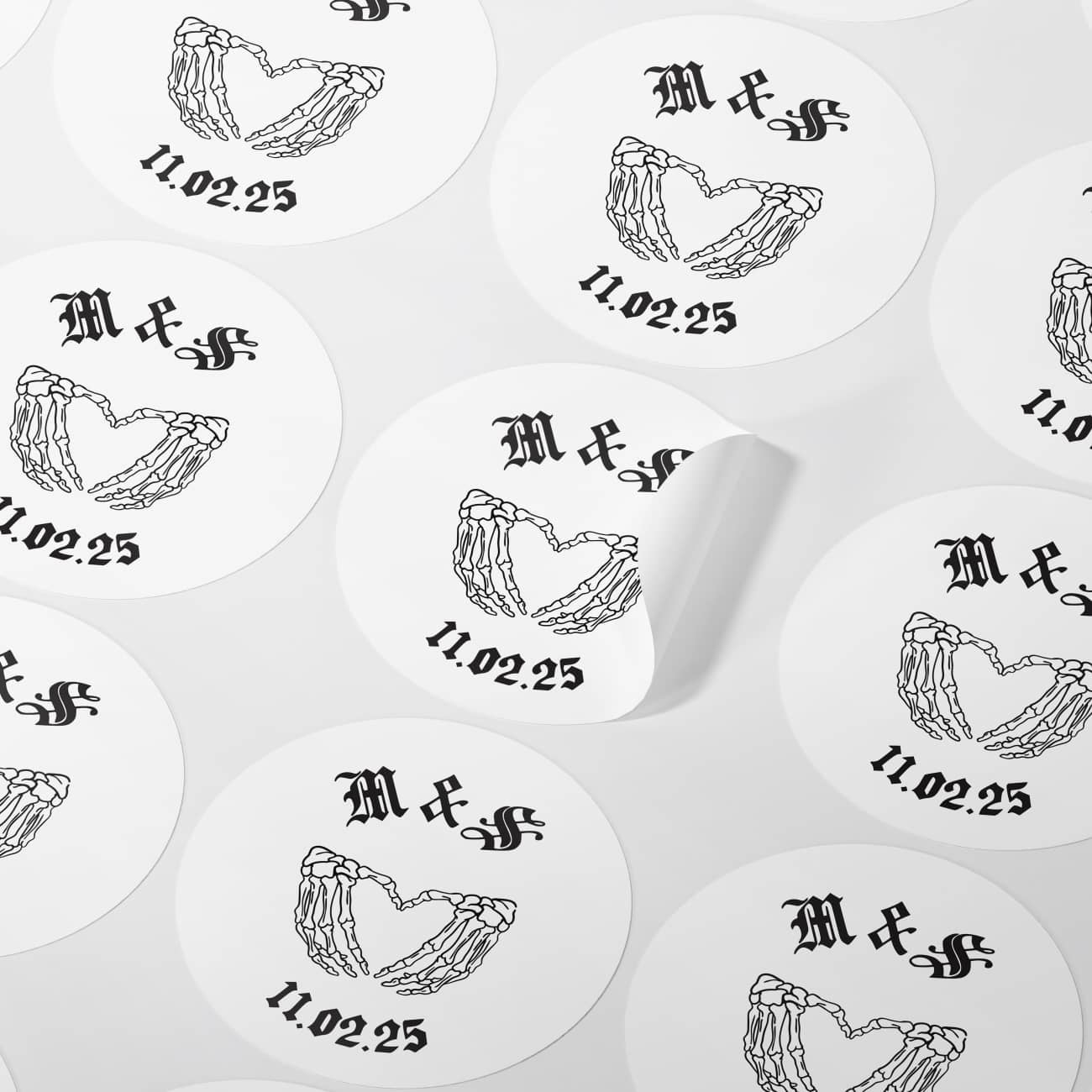 Custom Gothic Wedding Stickers – Skeleton Heart Hands | Personalised Initials & Date