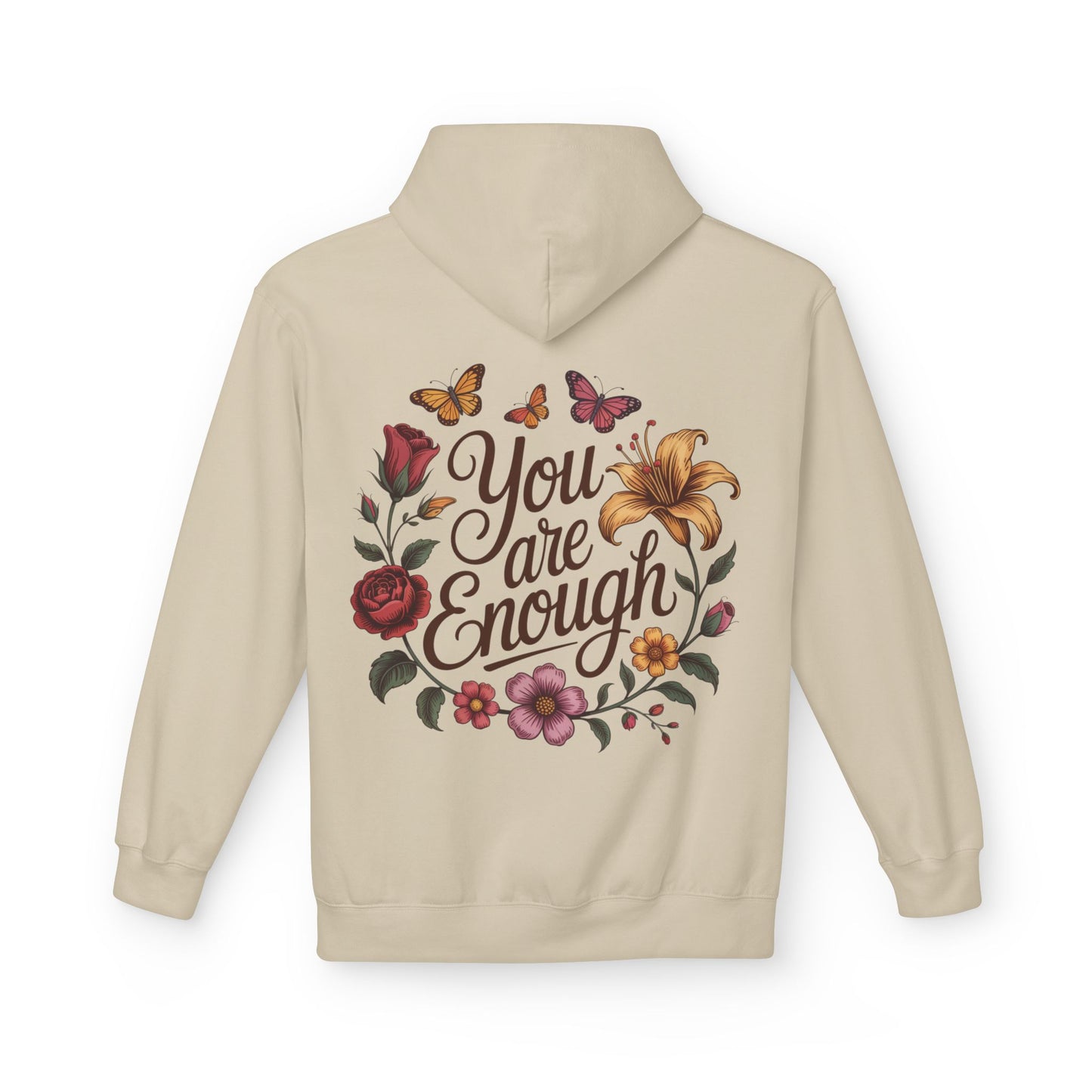Beige hoodie with floral design and 'You are Enough' text on a white background