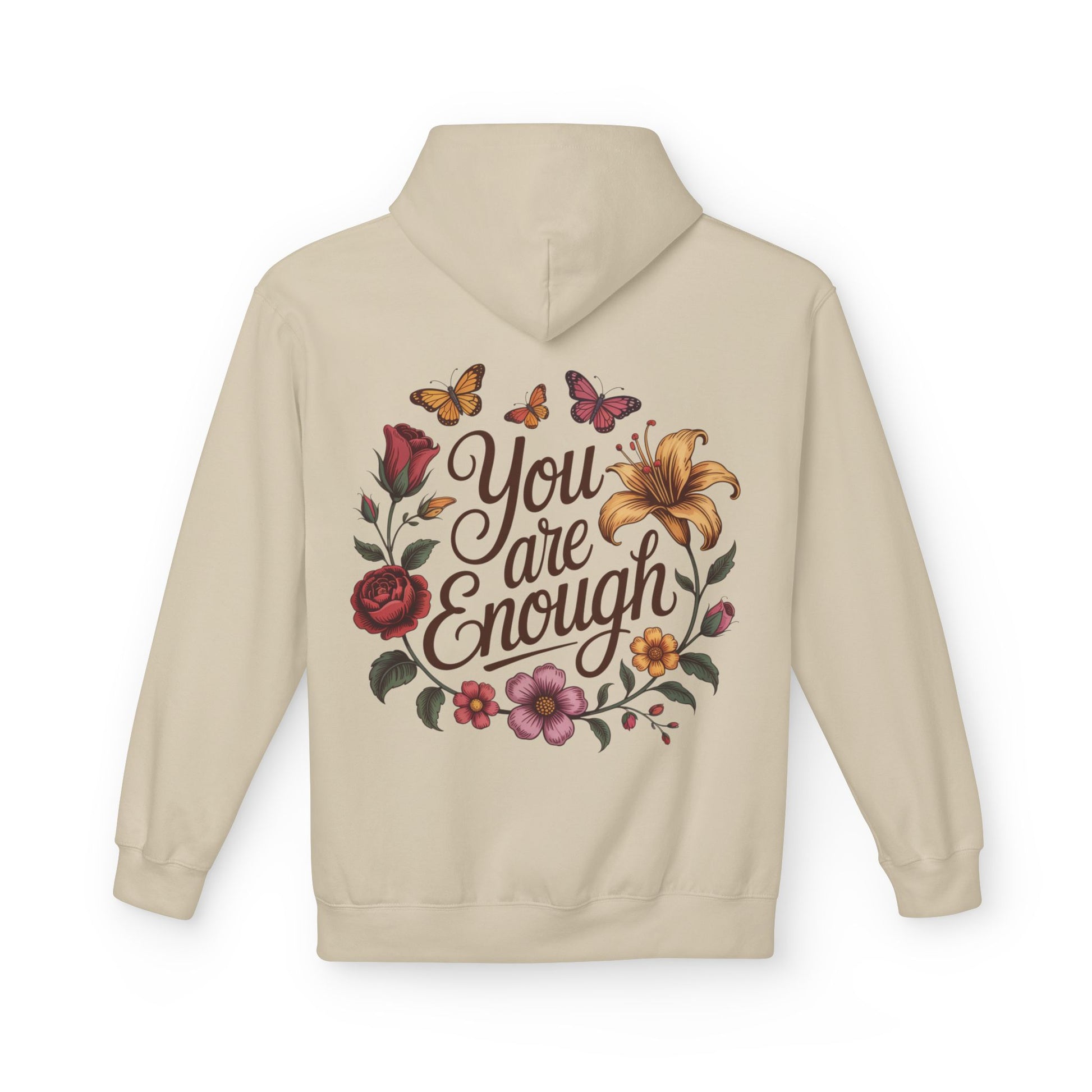 Beige hoodie with floral design and 'You are Enough' text on a white background
