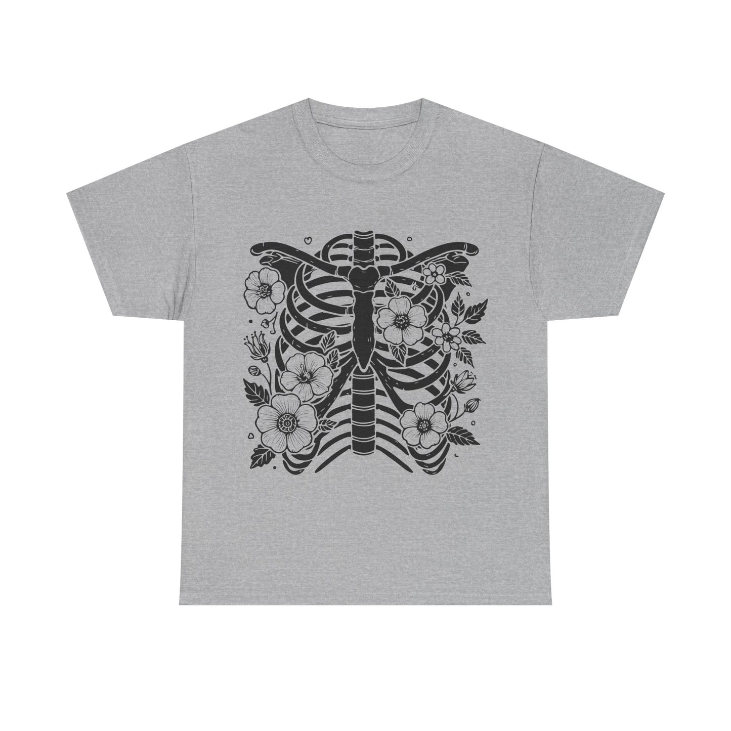 Floral Ribcage Skeleton Tee — Gothic Botanical Graphic T-Shirt