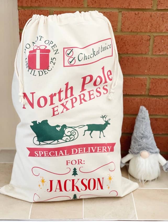 Cream personalised Santa sack reading North Pole Express Special Delivery for Jackson