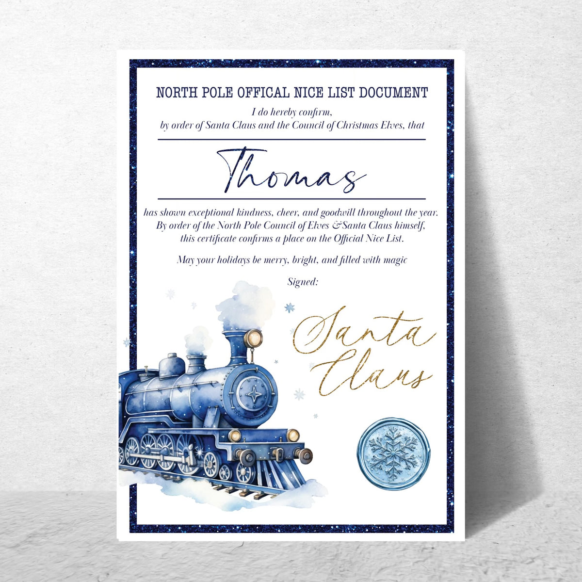 Certificate from Santa Claus with a blue train illustration on a white background