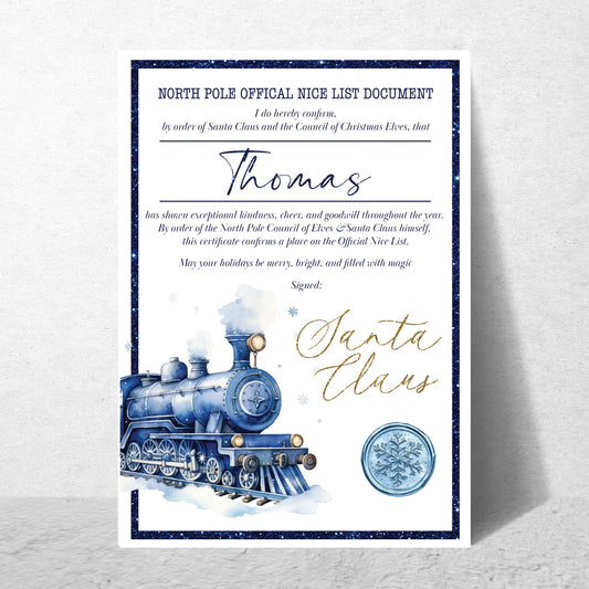 Personalised Nice List Certificate – Santa’s Official Christmas Certificate in Blue, Pink & Gold