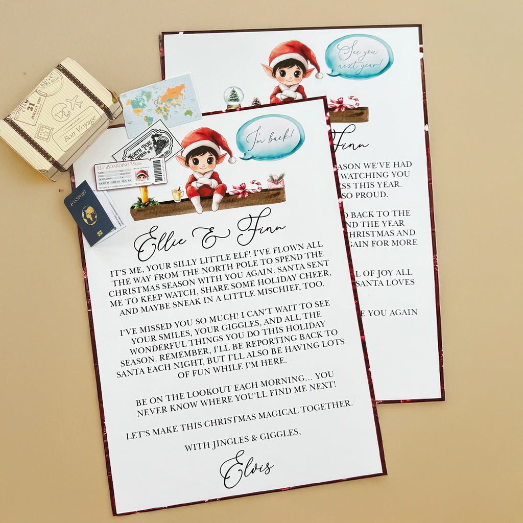 Letter from an elf on with Christmas-themed design with elf accessories