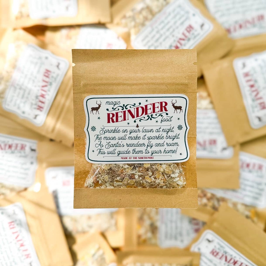 Small clear packet of reindeer food with a printed reindeer label