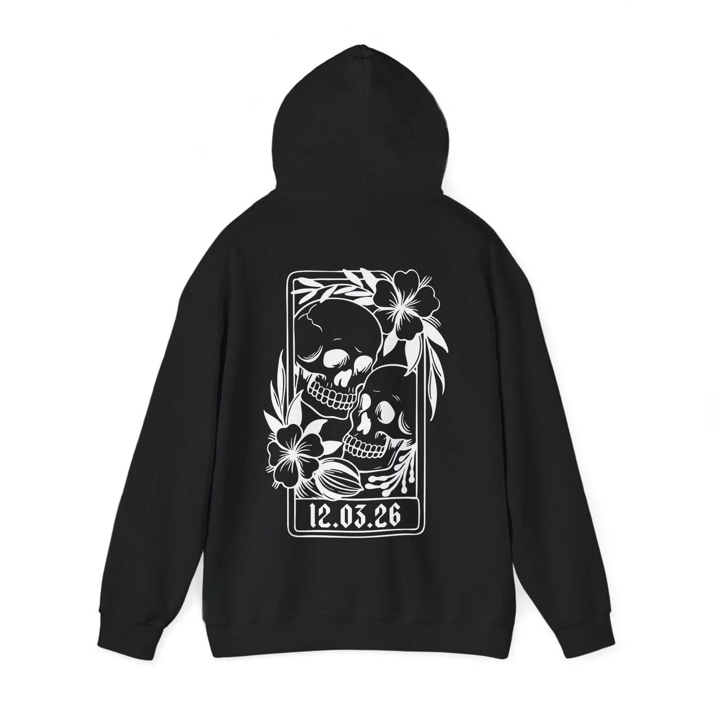 Groom Skull Tarot Hoodie — Gothic Floral Skull Pullover with Custom Date