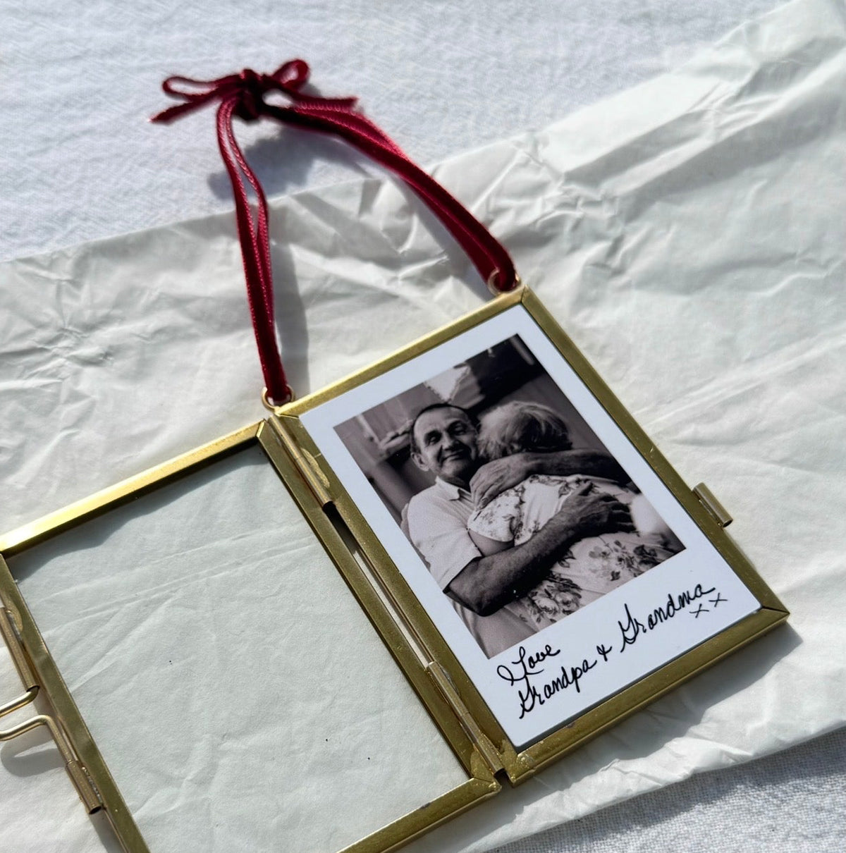 Personalised Photo Christmas Bauble | Custom Handwriting & Brass Floating Frame Ornament