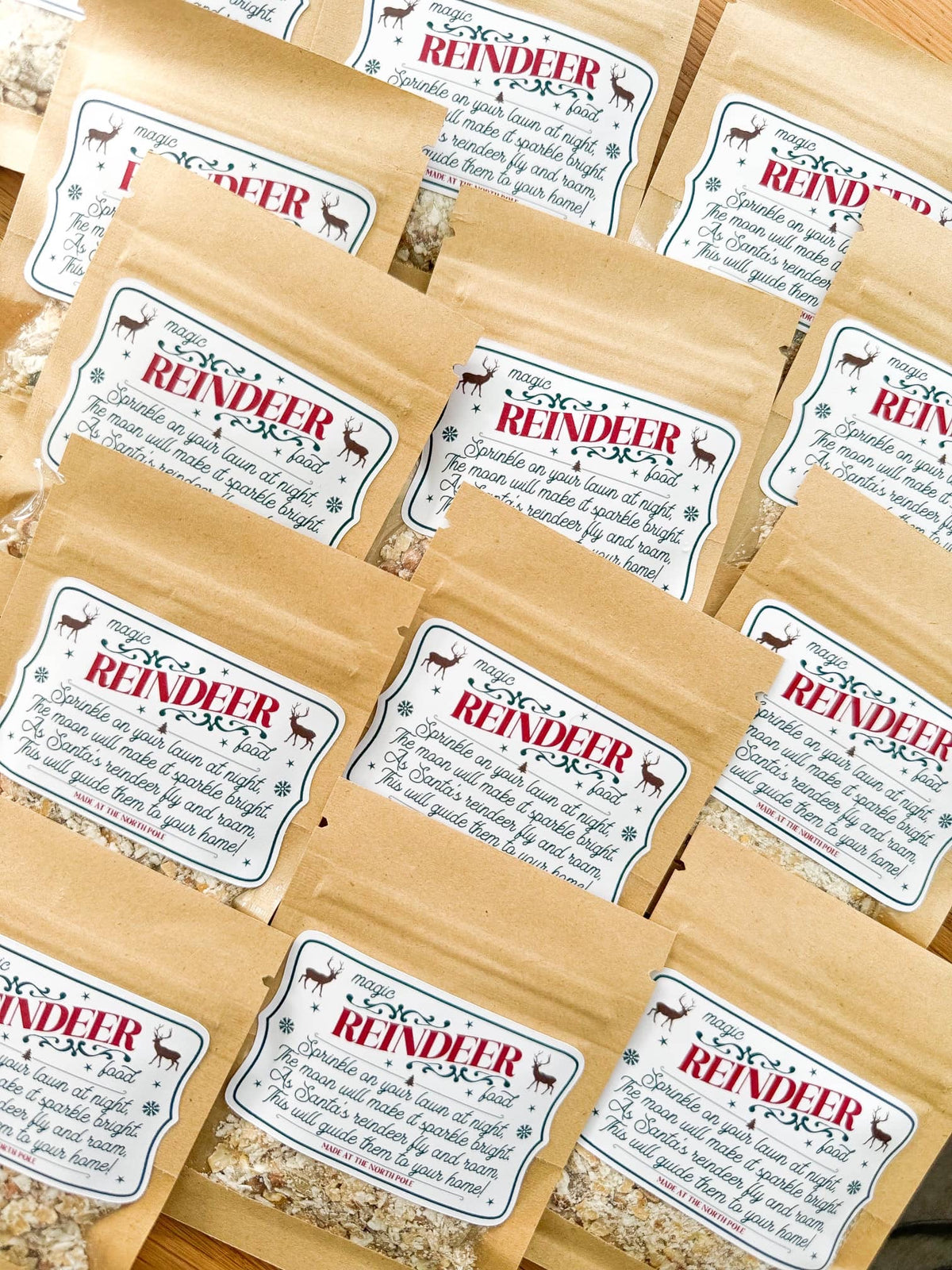 Rows of reindeer food packets ready for Christmas Eve boxes