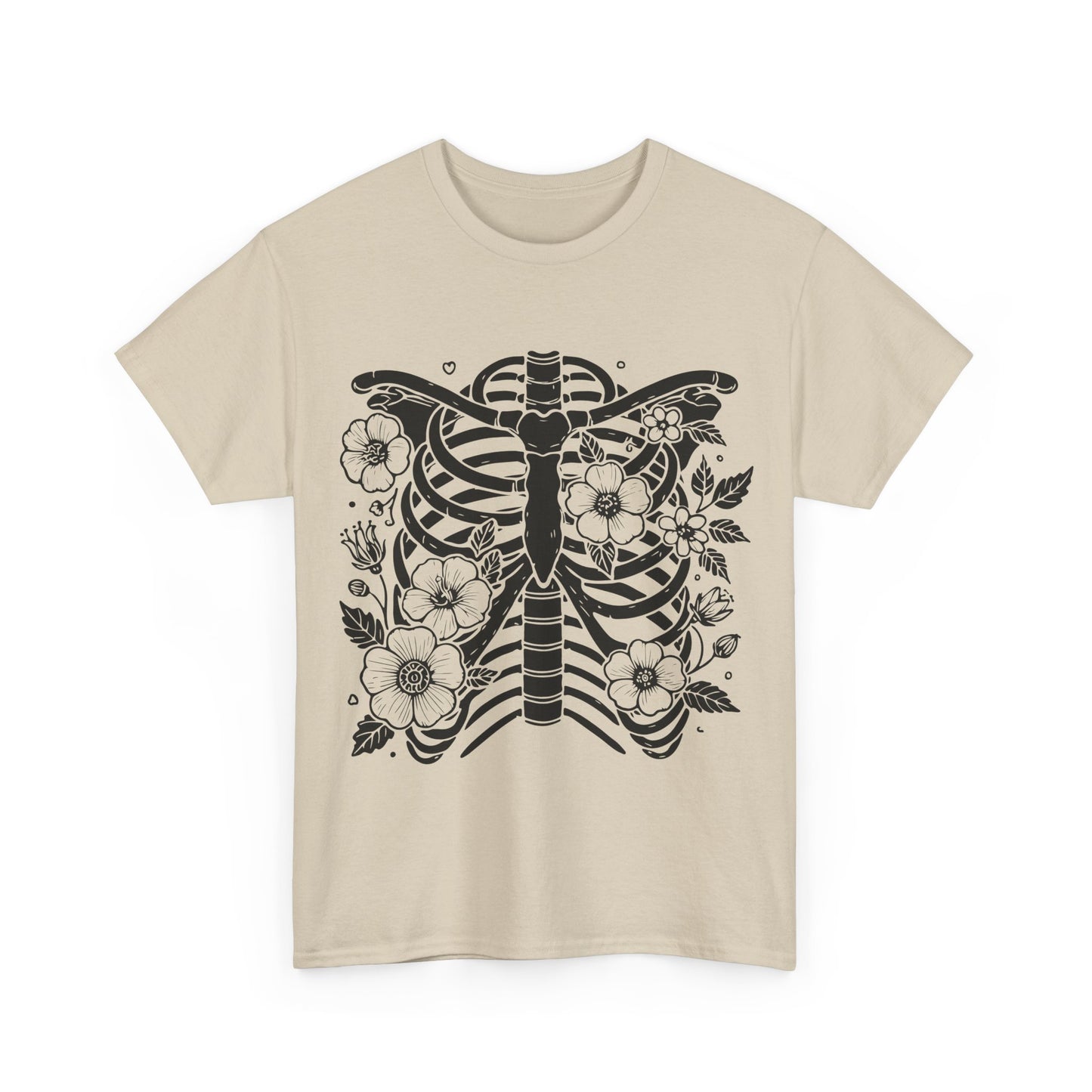 Floral Ribcage Skeleton Tee — Gothic Botanical Graphic T-Shirt