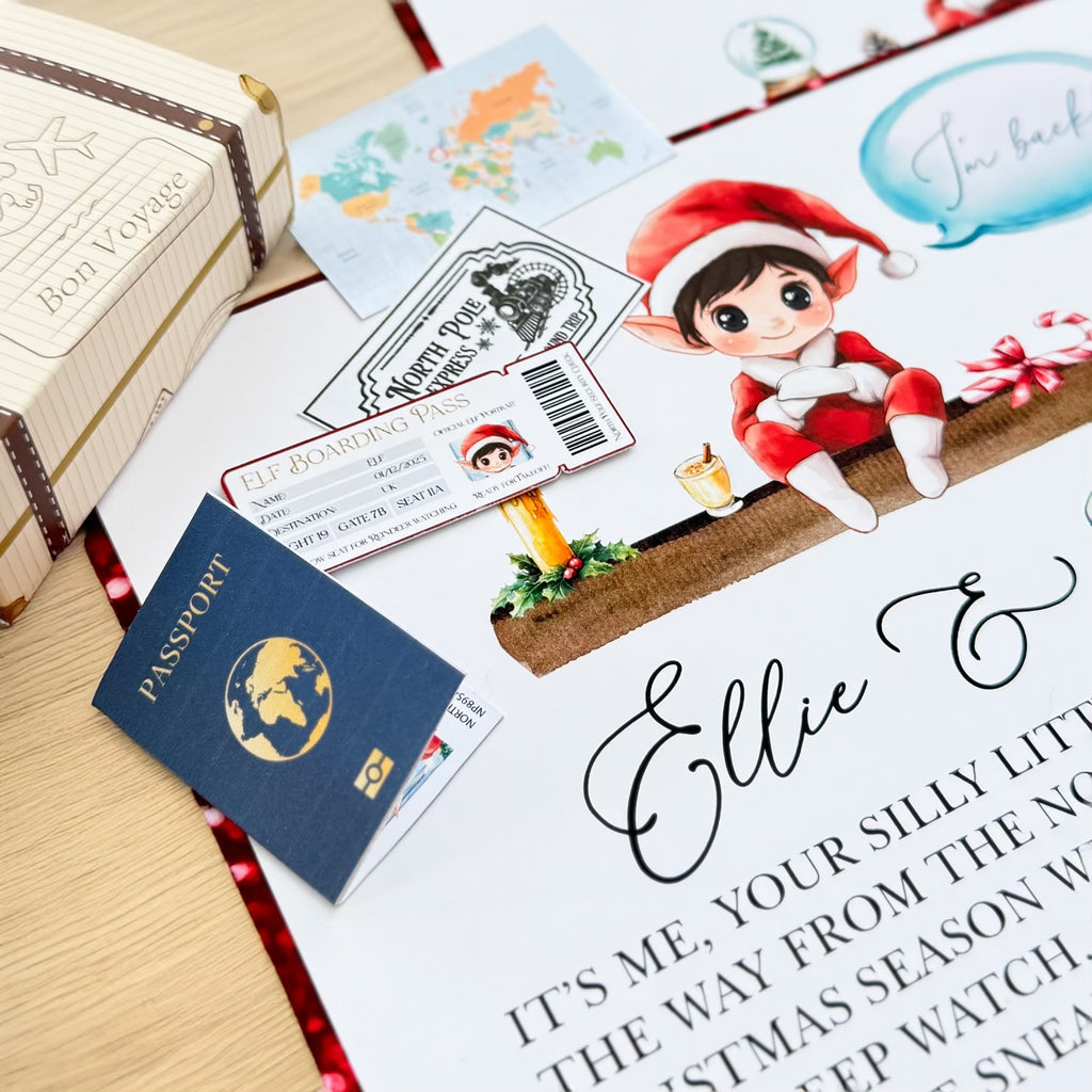 Christmas-themed elf accessories set with passport and travel-themed cards on a wooden surface.