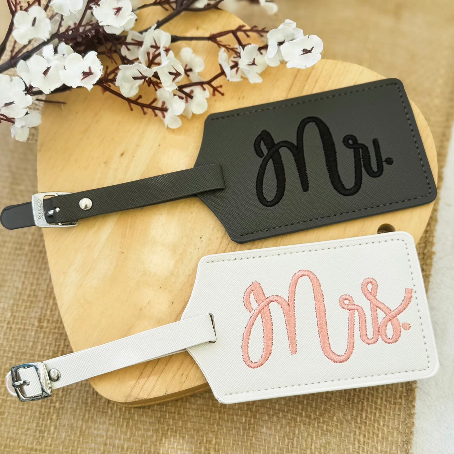 Embroidered Mr & Mrs Luggage Tags – Minimalist Honeymoon Travel Gift